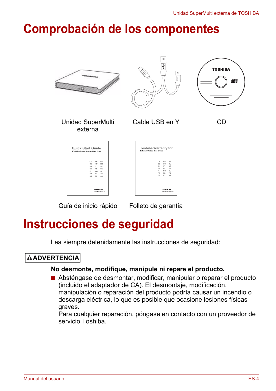 Comprobación de los componentes, Instrucciones de seguridad, Advertencia | Toshiba External SuperMulti Drive User Manual | Page 99 / 533