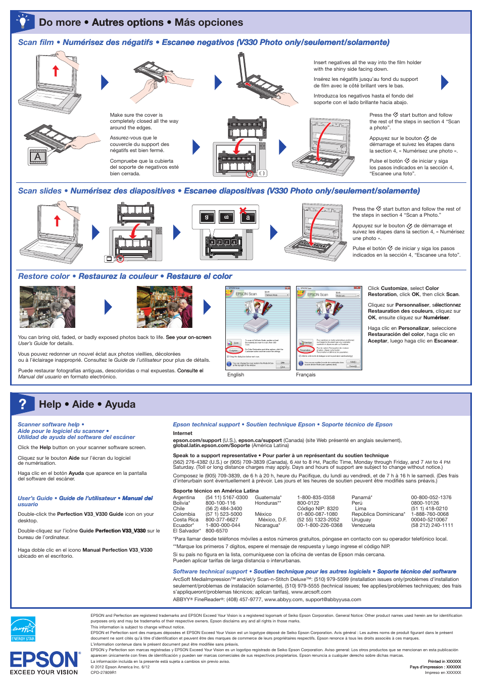 Do more, Scan film, Scan slides | Restore color, Help, Help • aide • ayuda | Epson Perfection V33 User Manual | Page 2 / 2