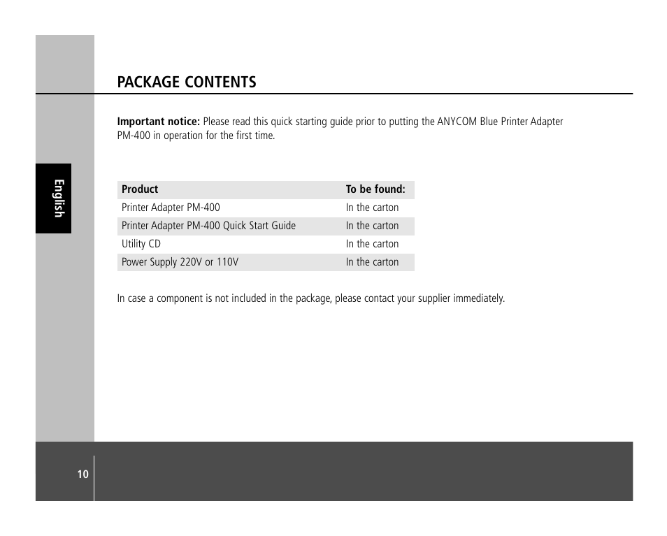 Package contents | Anycom PM-400 User Manual | Page 10 / 36
