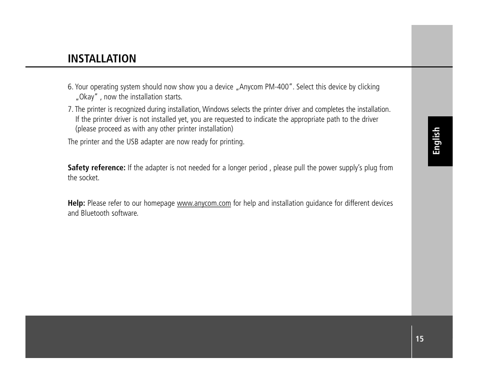 Installation | Anycom PM-400 User Manual | Page 15 / 36