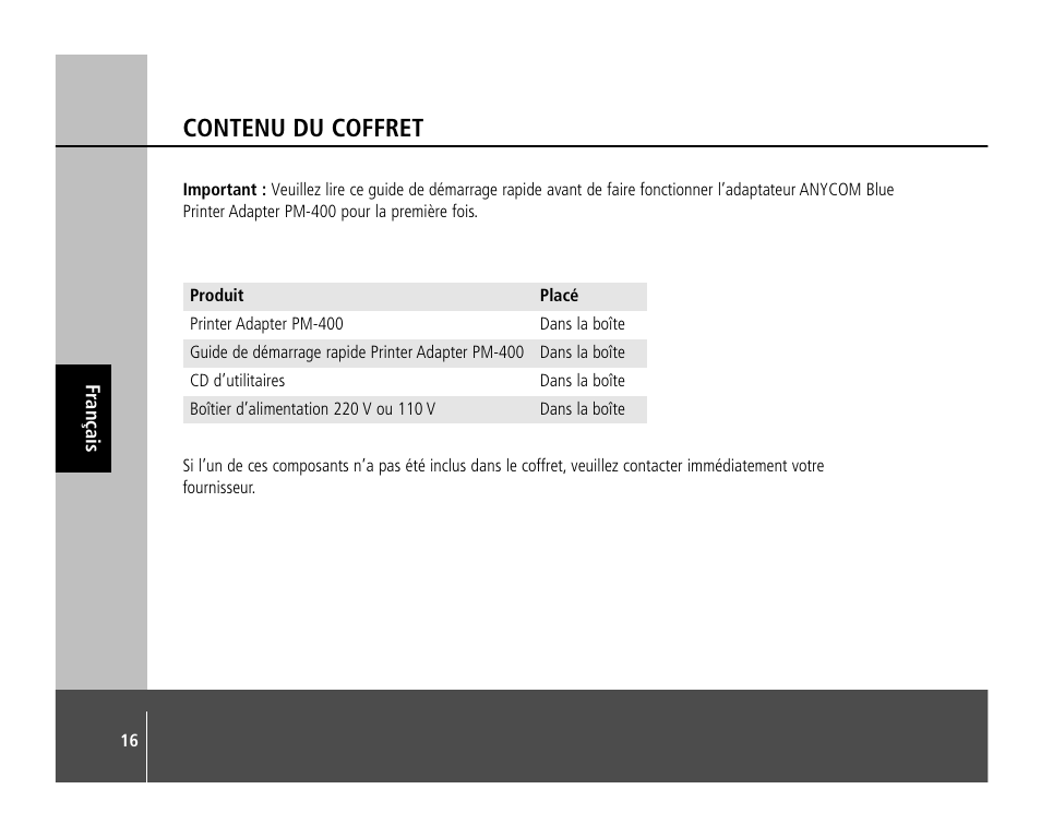 Contenu du coffret | Anycom PM-400 User Manual | Page 16 / 36