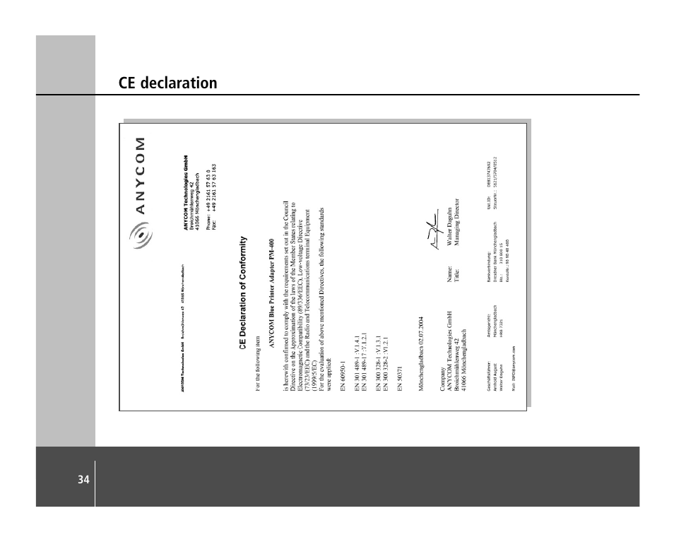 Ce declaration | Anycom PM-400 User Manual | Page 34 / 36