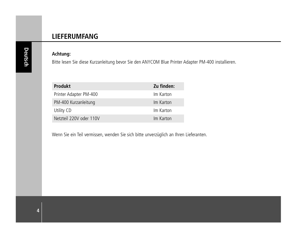 Lieferumfang | Anycom PM-400 User Manual | Page 4 / 36