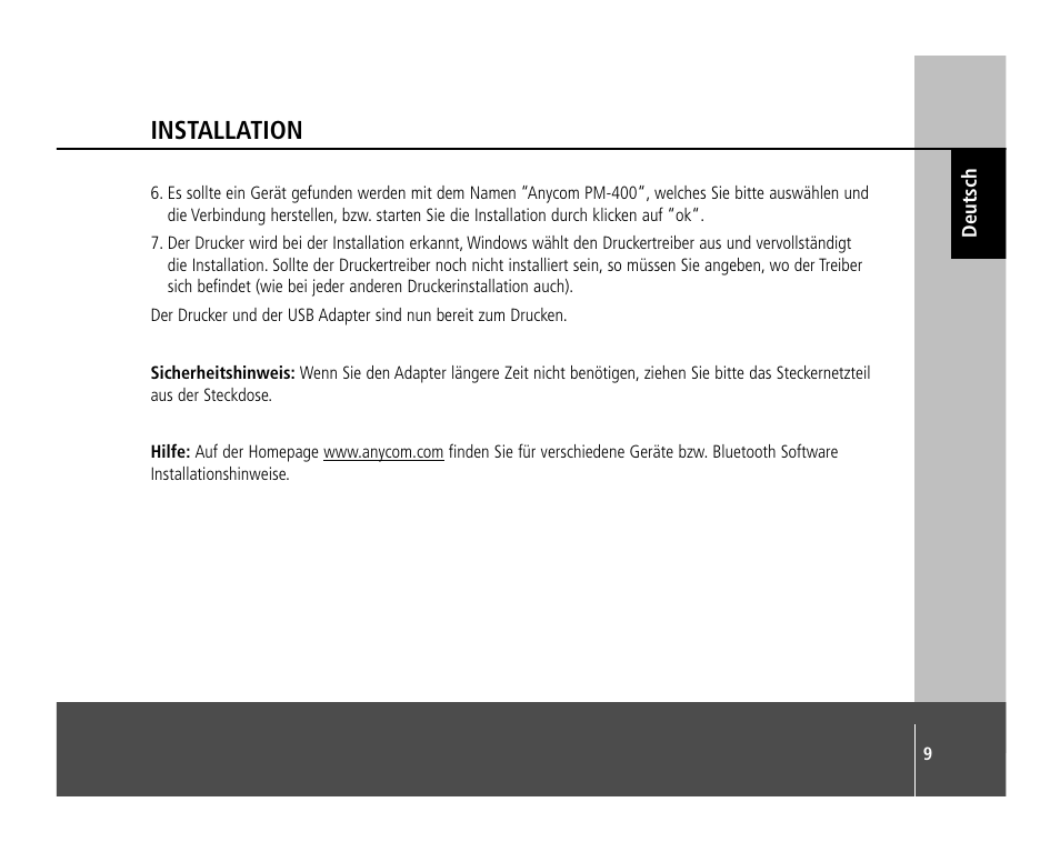 Installation | Anycom PM-400 User Manual | Page 9 / 36