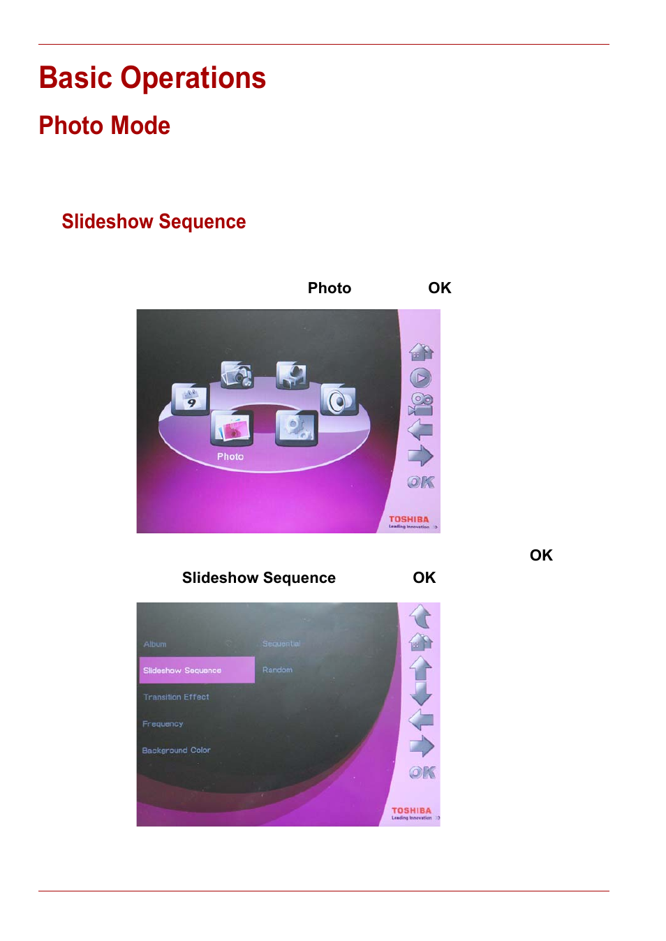 Basic operations, Photo mode, Slideshow sequence | Toshiba Gigaframe L80-81 User Manual | Page 10 / 870