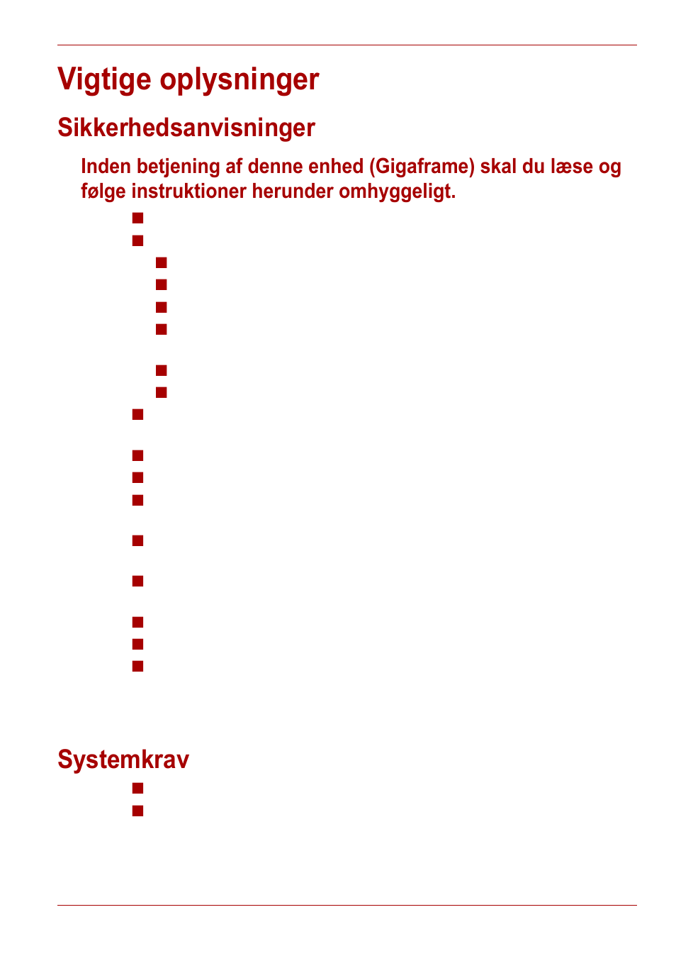 Vigtige oplysninger, Sikkerhedsanvisninger, Systemkrav | Toshiba Gigaframe L80-81 User Manual | Page 101 / 870