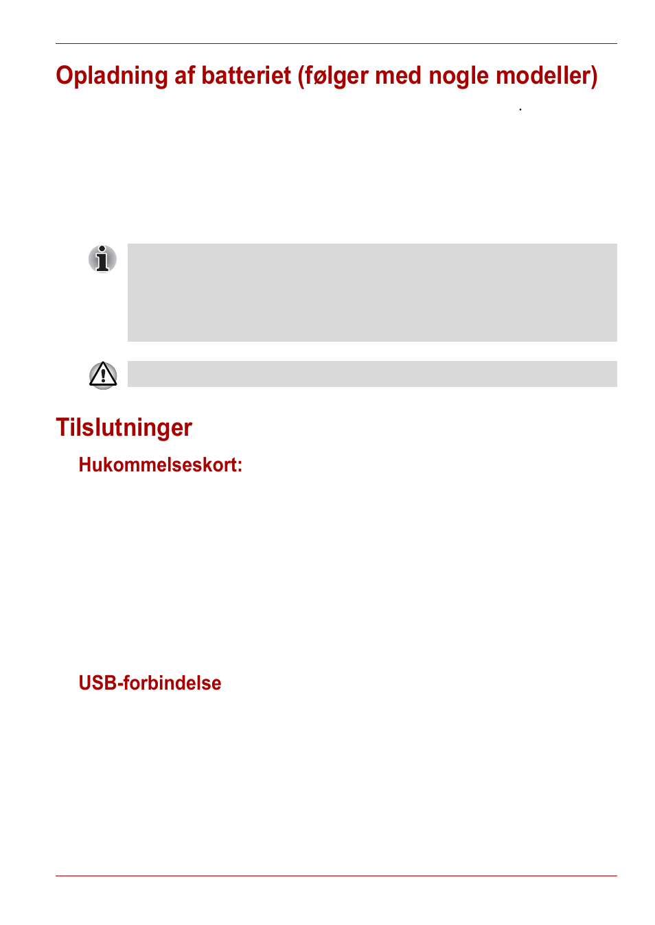 Opladning af batteriet (følger med nogle modeller), Tilslutninger, Hukommelseskort | Usb-forbindelse, Hukommelseskort: usb-forbindelse | Toshiba Gigaframe L80-81 User Manual | Page 105 / 870