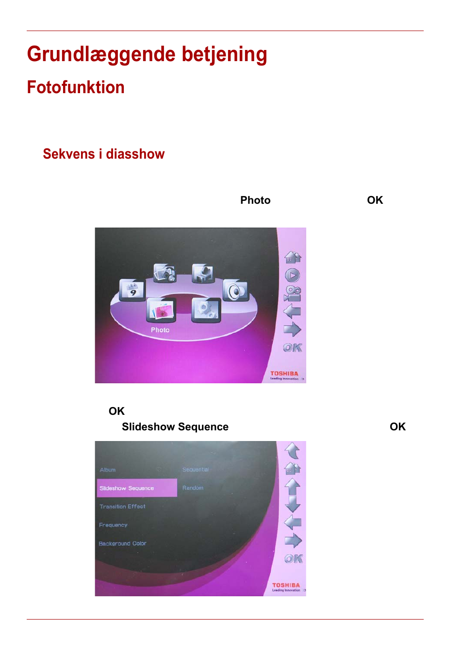 Grundlæggende betjening, Fotofunktion, Sekvens i diasshow | Toshiba Gigaframe L80-81 User Manual | Page 106 / 870