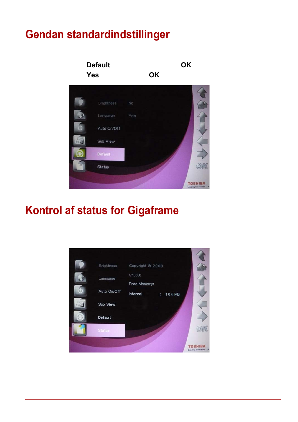 Gendan standardindstillinger, Kontrol af status for gigaframe | Toshiba Gigaframe L80-81 User Manual | Page 137 / 870