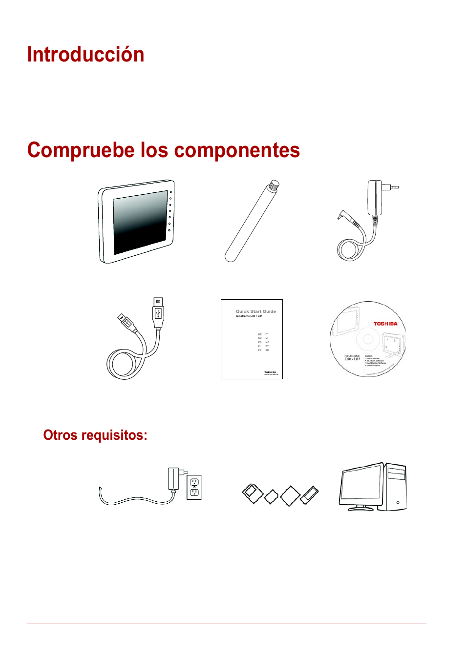 Introducción, Compruebe los componentes, Otros requisitos | Introducción compruebe los componentes | Toshiba Gigaframe L80-81 User Manual | Page 148 / 870