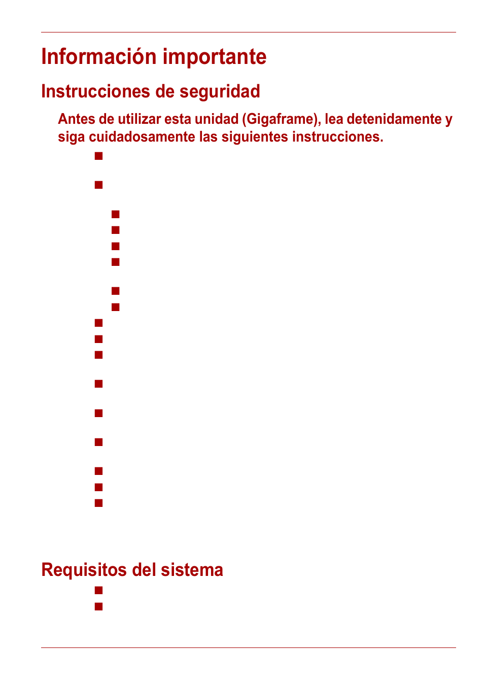 Información importante, Instrucciones de seguridad, Requisitos del sistema | Toshiba Gigaframe L80-81 User Manual | Page 149 / 870