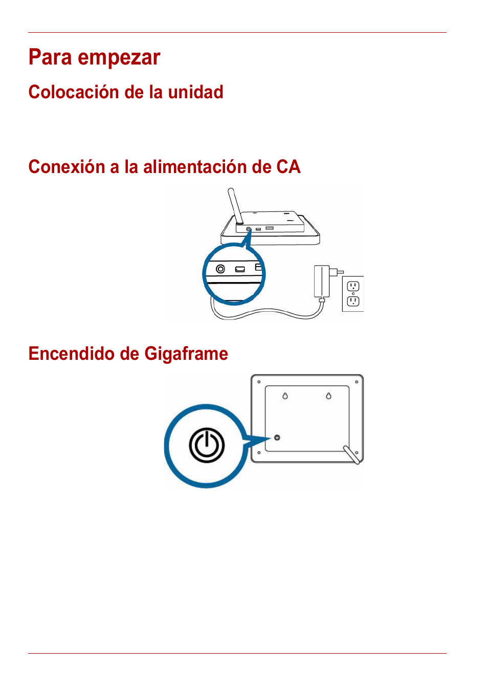 Para empezar, Colocación de la unidad, Conexión a la alimentación de ca | Encendido de gigaframe | Toshiba Gigaframe L80-81 User Manual | Page 152 / 870