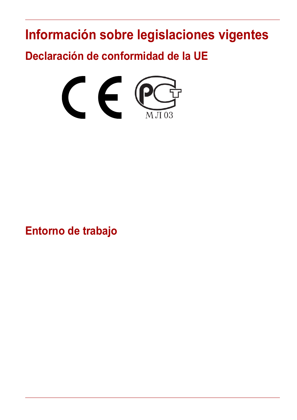 Información sobre legislaciones vigentes, Declaración de conformidad de la ue, Entorno de trabajo | Toshiba Gigaframe L80-81 User Manual | Page 191 / 870