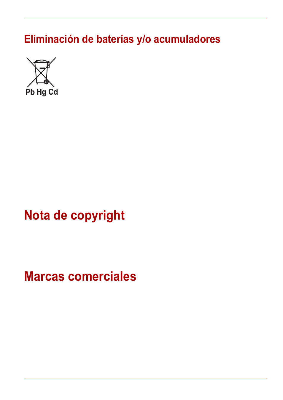 Eliminación de baterías y/o acumuladores, Nota de copyright, Marcas comerciales | Nota de copyright marcas comerciales | Toshiba Gigaframe L80-81 User Manual | Page 193 / 870