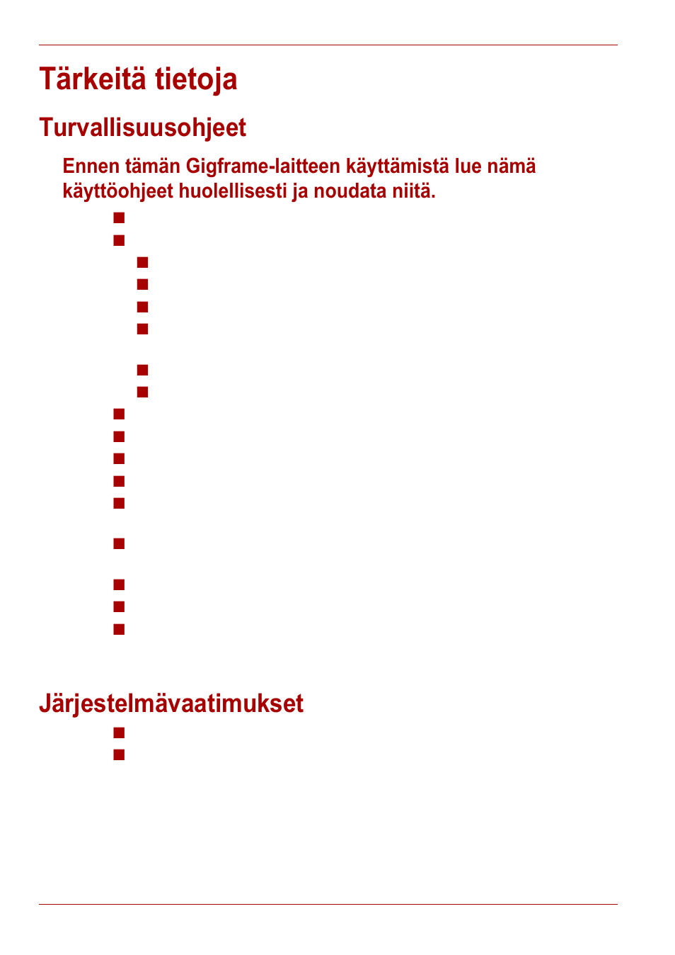 Tärkeitä tietoja, Turvallisuusohjeet, Järjestelmävaatimukset | Toshiba Gigaframe L80-81 User Manual | Page 198 / 870