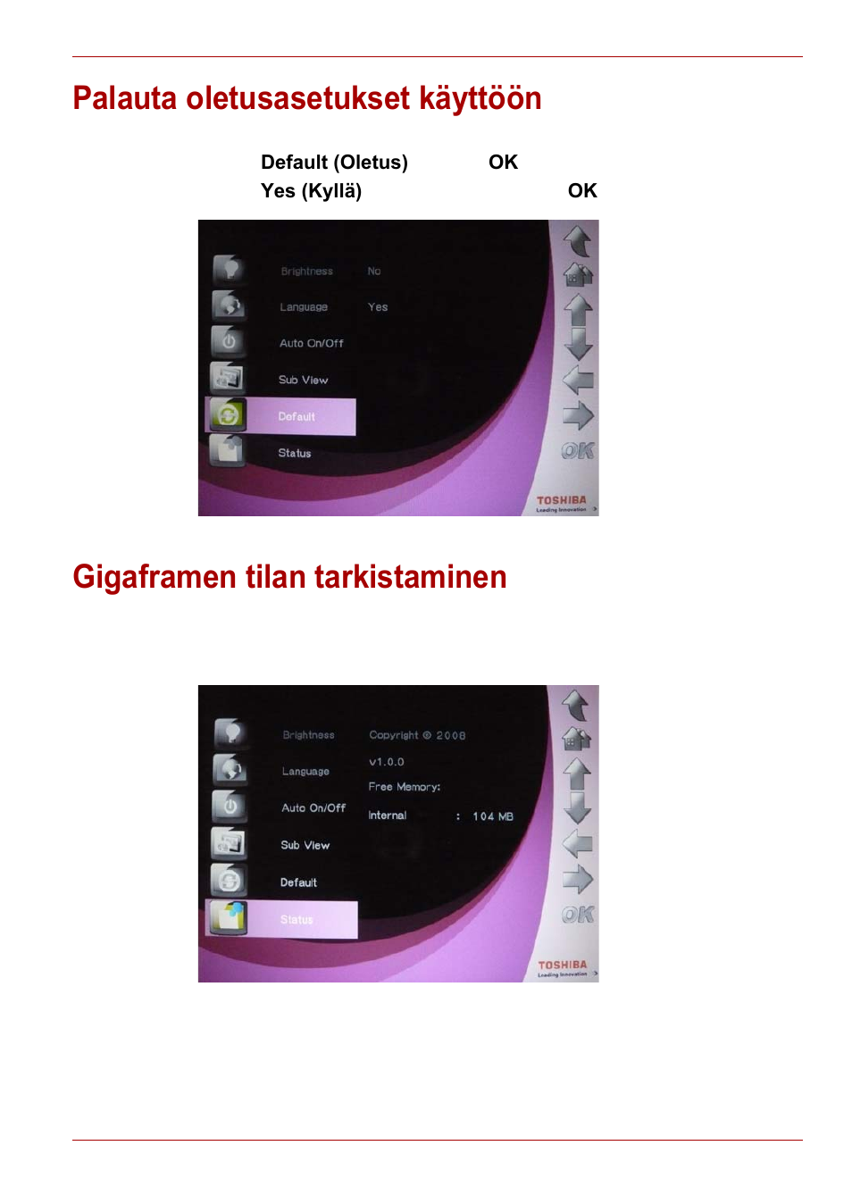 Palauta oletusasetukset käyttöön, Gigaframen tilan tarkistaminen | Toshiba Gigaframe L80-81 User Manual | Page 233 / 870