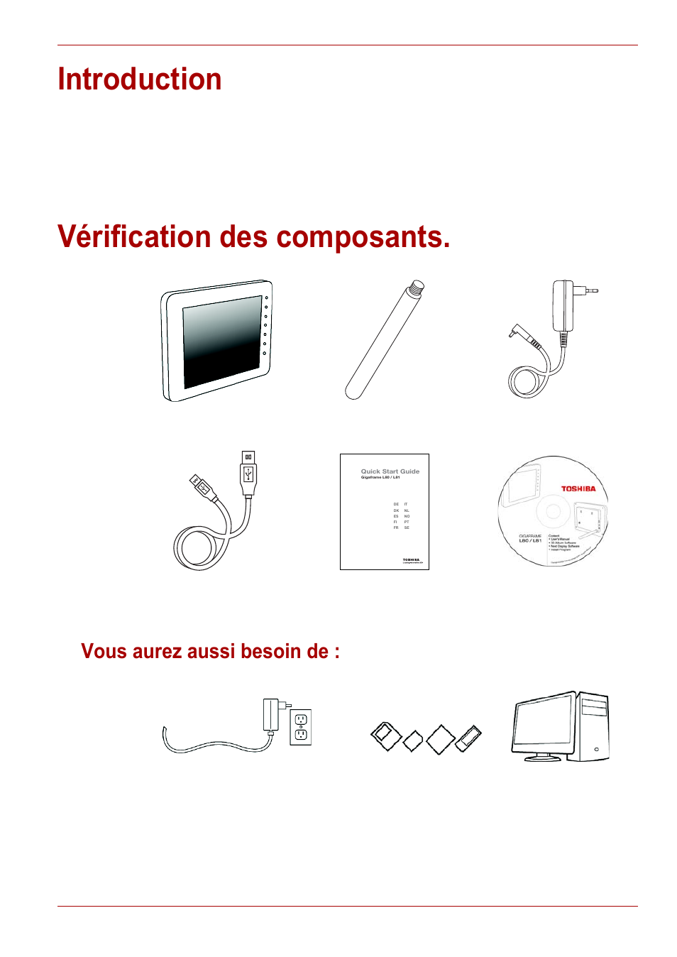 Introduction, Vérification des composants, Vous aurez aussi besoin de | Introduction vérification des composants | Toshiba Gigaframe L80-81 User Manual | Page 243 / 870