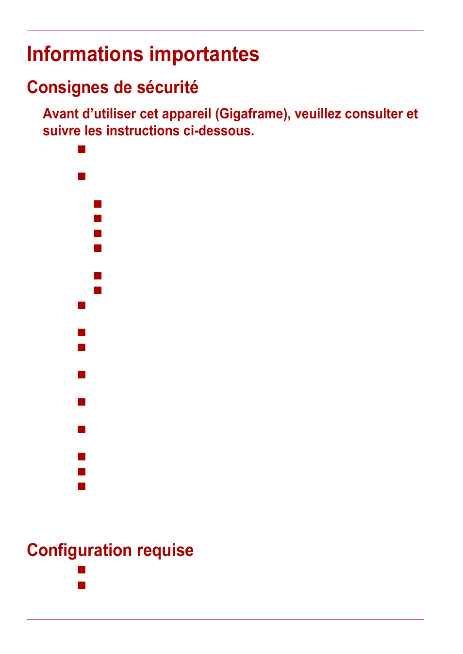 Informations importantes, Consignes de sécurité, Configuration requise | Toshiba Gigaframe L80-81 User Manual | Page 244 / 870