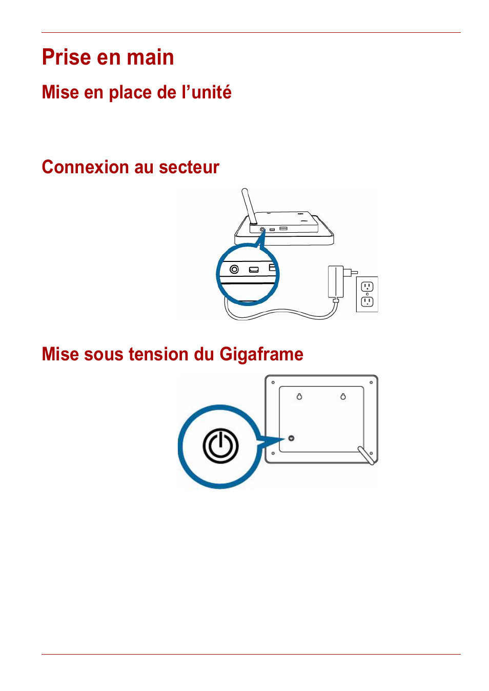 Prise en main, Mise en place de l’unité, Connexion au secteur | Mise sous tension du gigaframe | Toshiba Gigaframe L80-81 User Manual | Page 247 / 870