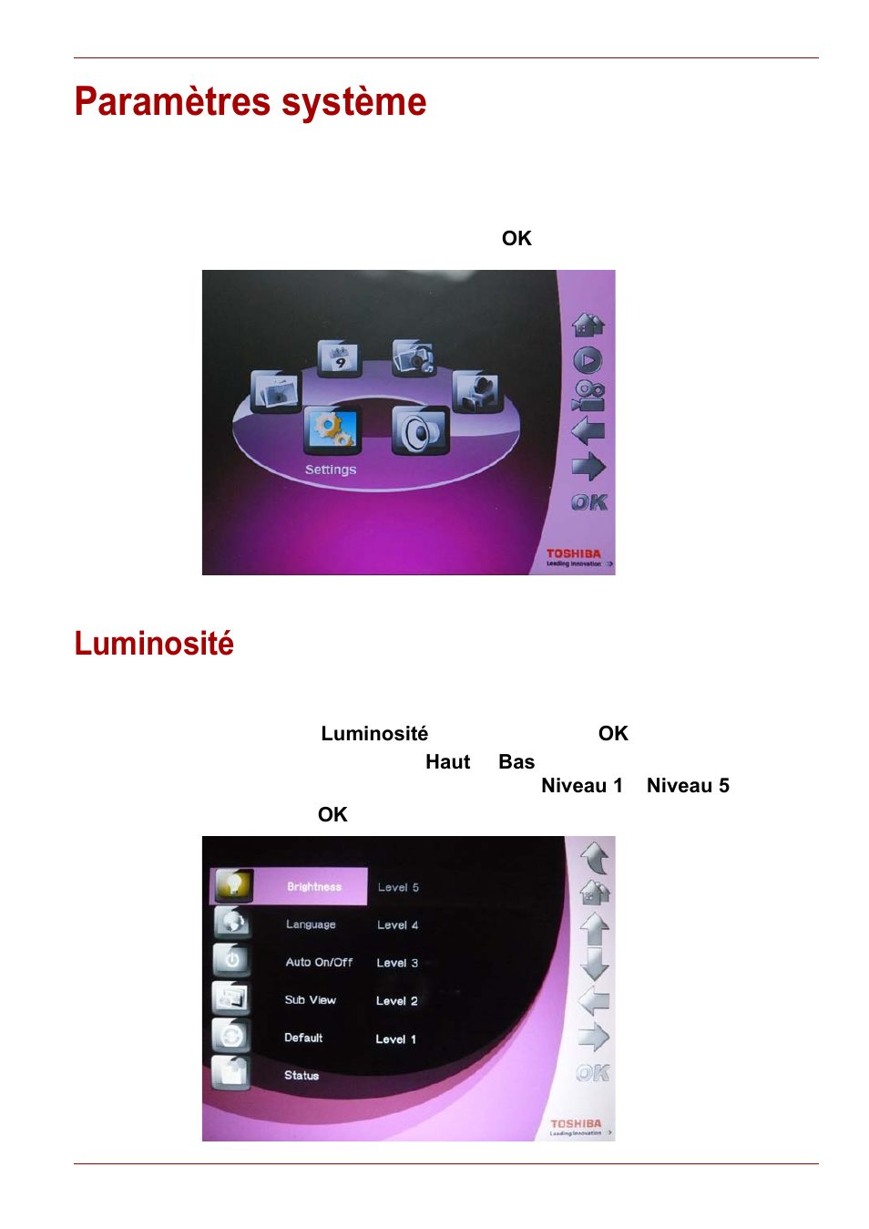 Paramètres système, Luminosité | Toshiba Gigaframe L80-81 User Manual | Page 277 / 870