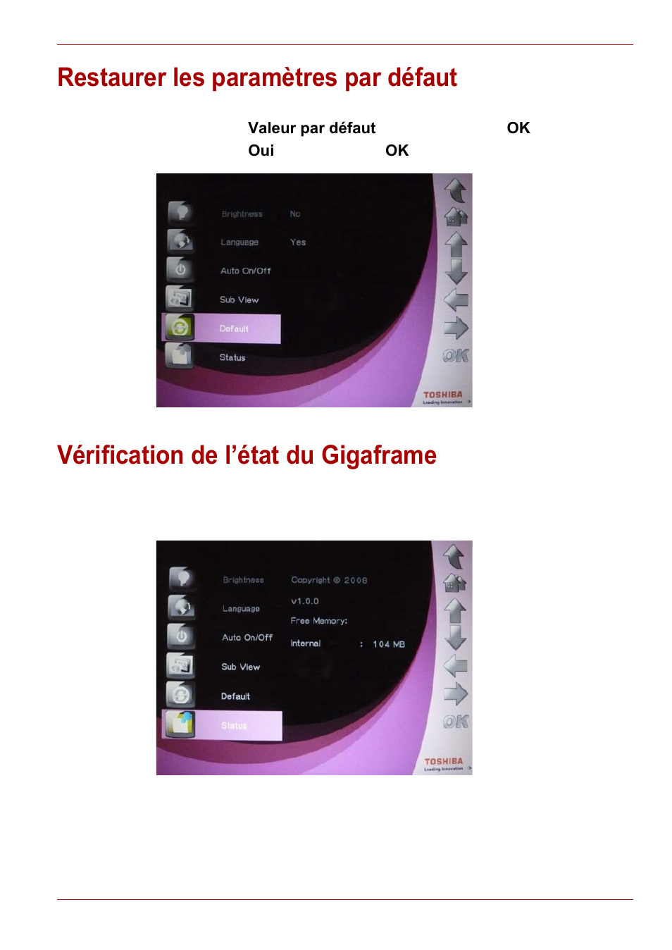 Restaurer les paramètres par défaut, Vérification de l’état du gigaframe | Toshiba Gigaframe L80-81 User Manual | Page 281 / 870