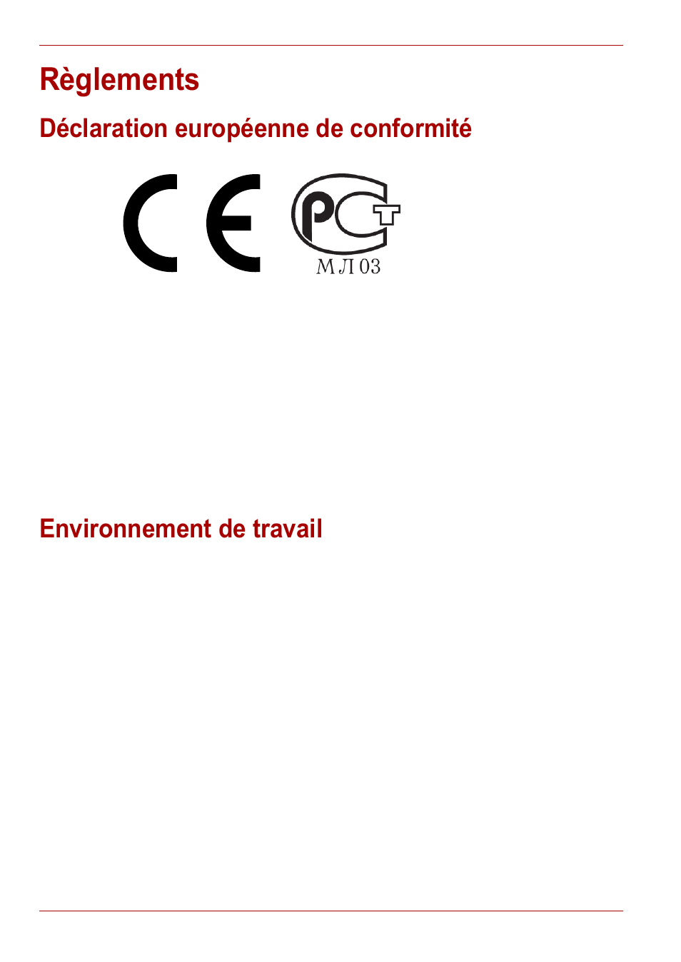 Règlements, Déclaration européenne de conformité, Environnement de travail | Toshiba Gigaframe L80-81 User Manual | Page 286 / 870