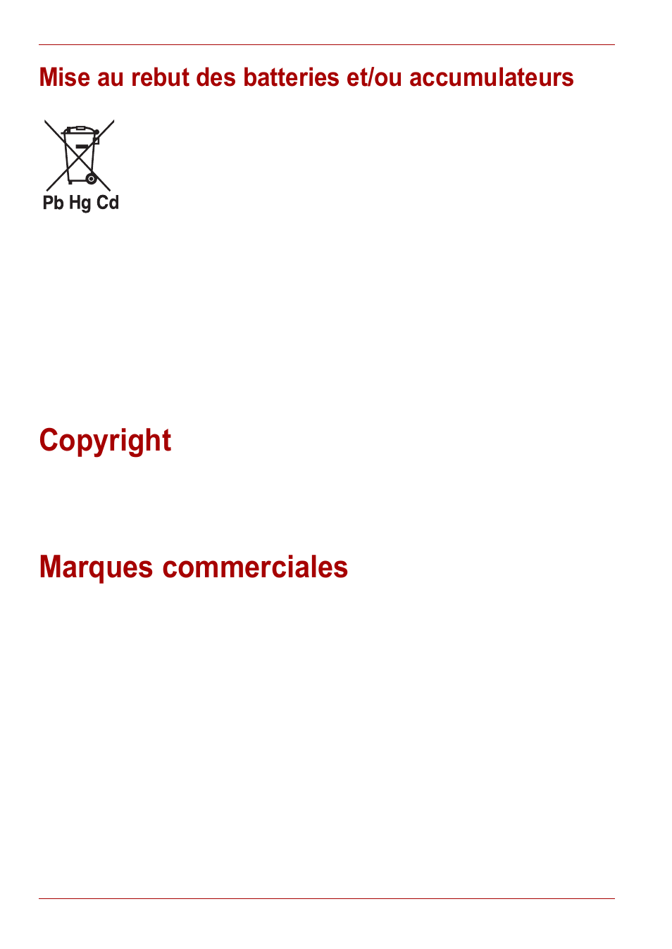 Mise au rebut des batteries et/ou accumulateurs, Copyright, Marques commerciales | Copyright marques commerciales | Toshiba Gigaframe L80-81 User Manual | Page 288 / 870