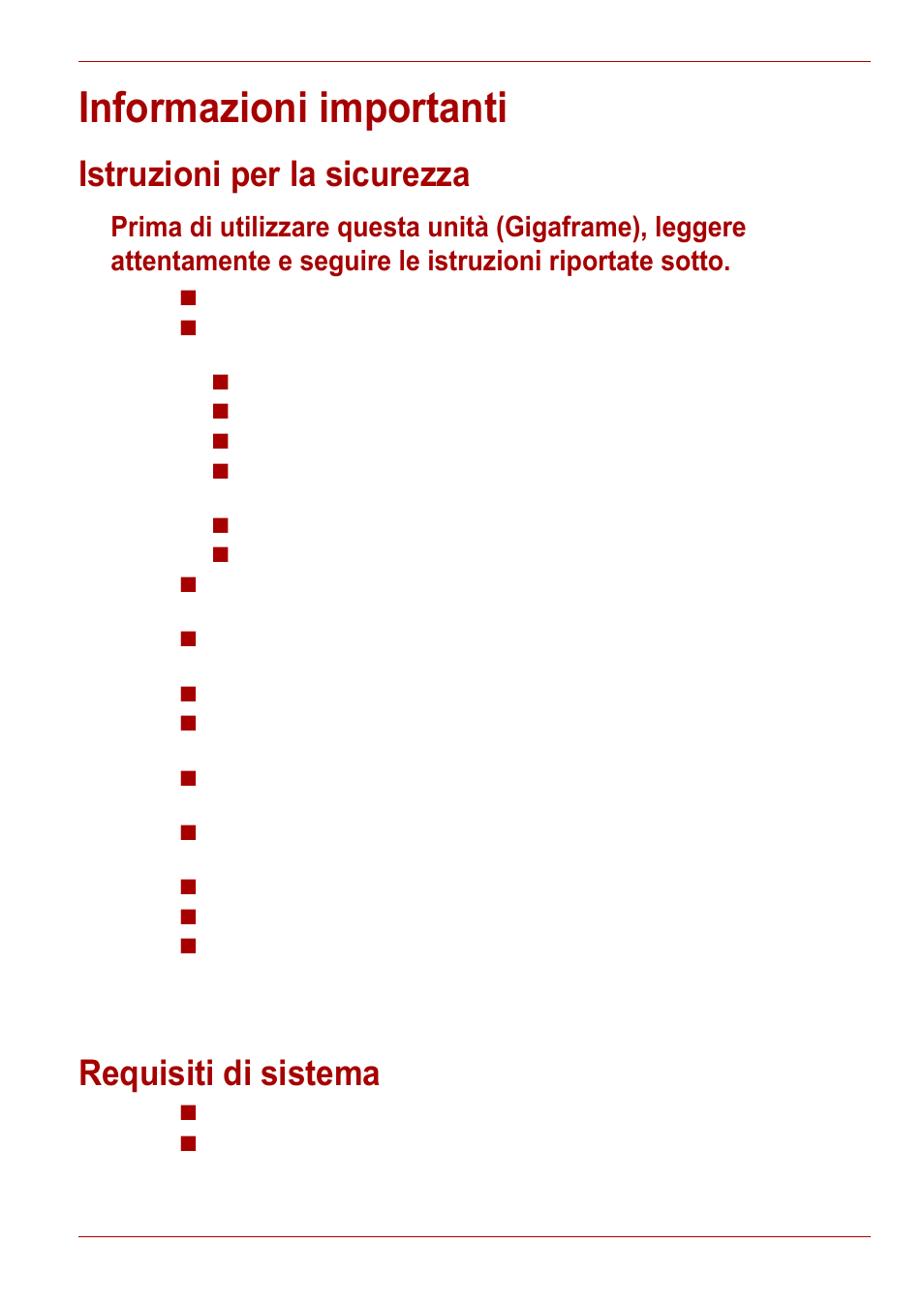 Informazioni importanti, Istruzioni per la sicurezza, Requisiti di sistema | Toshiba Gigaframe L80-81 User Manual | Page 293 / 870