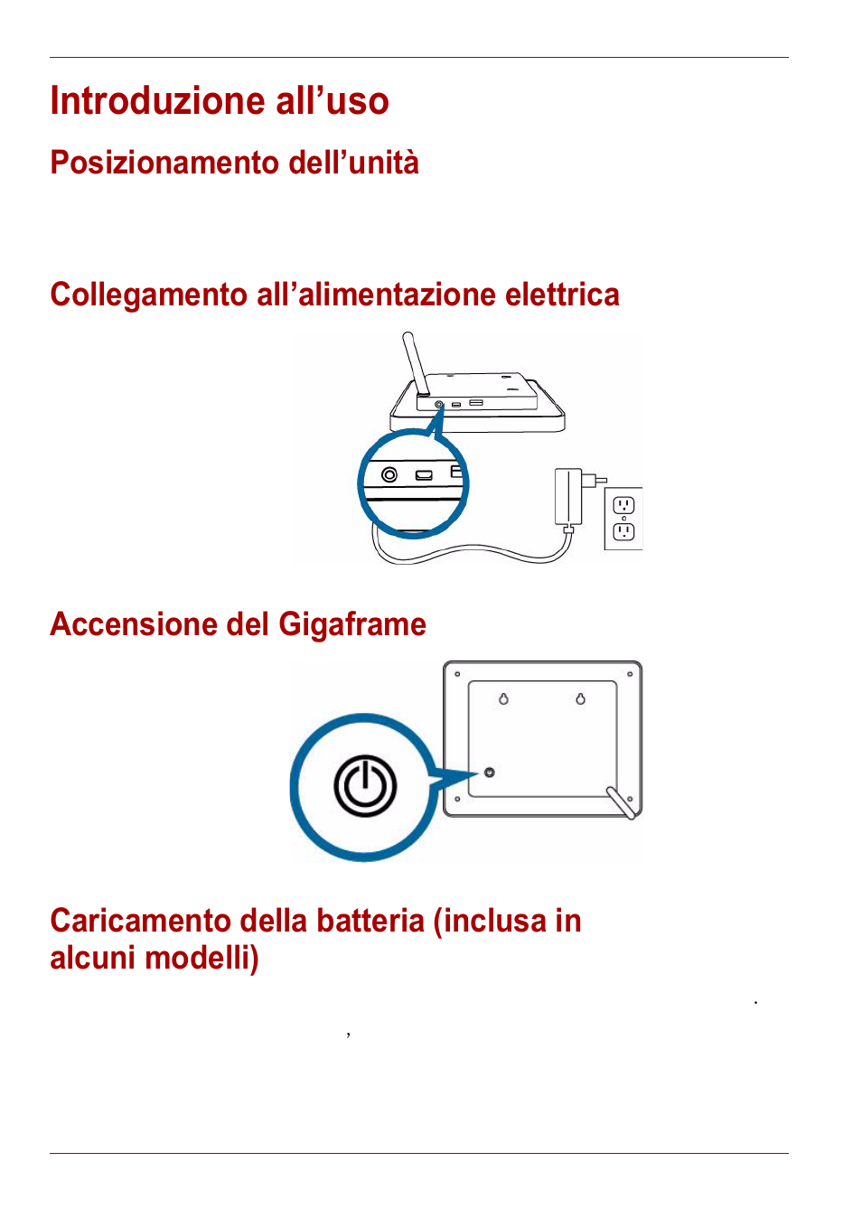 Introduzione all’uso, Posizionamento dell’unità, Collegamento all’alimentazione elettrica | Accensione del gigaframe | Toshiba Gigaframe L80-81 User Manual | Page 296 / 870