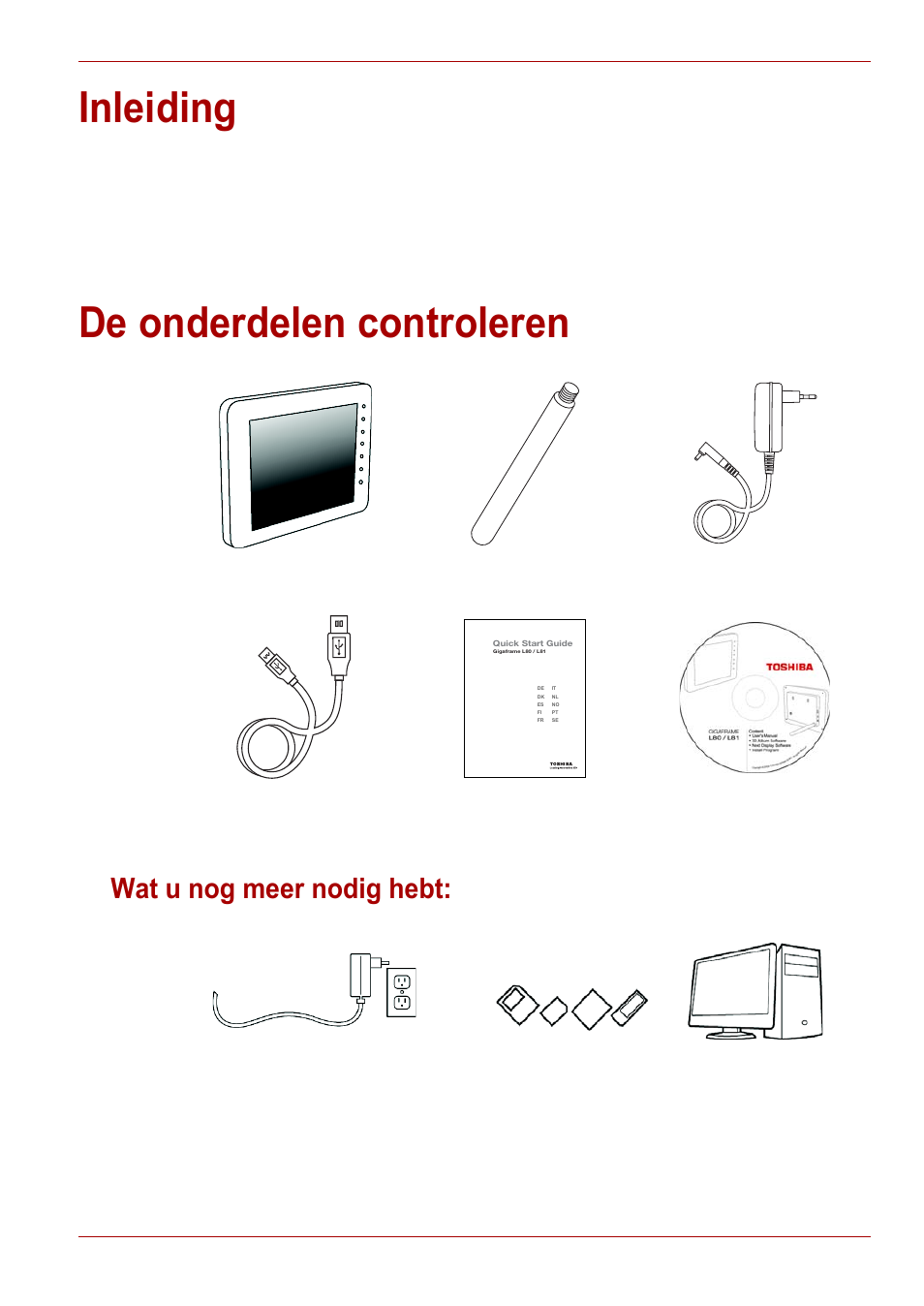 Inleiding, De onderdelen controleren, Wat u nog meer nodig hebt | Inleiding de onderdelen controleren | Toshiba Gigaframe L80-81 User Manual | Page 341 / 870