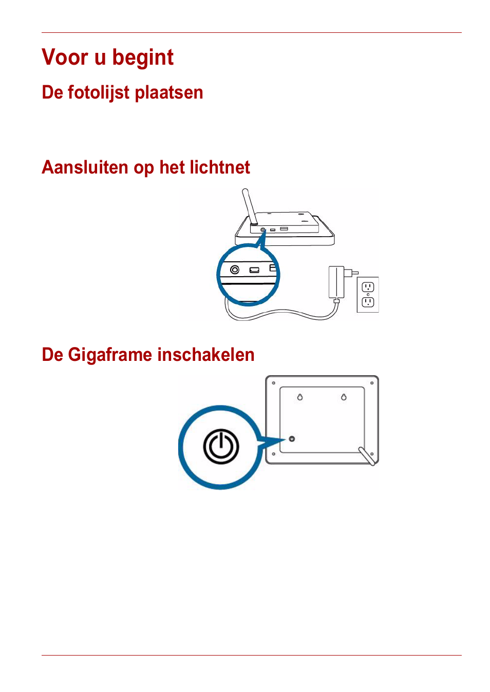 Voor u begint, De fotolijst plaatsen, Aansluiten op het lichtnet | De gigaframe inschakelen | Toshiba Gigaframe L80-81 User Manual | Page 345 / 870