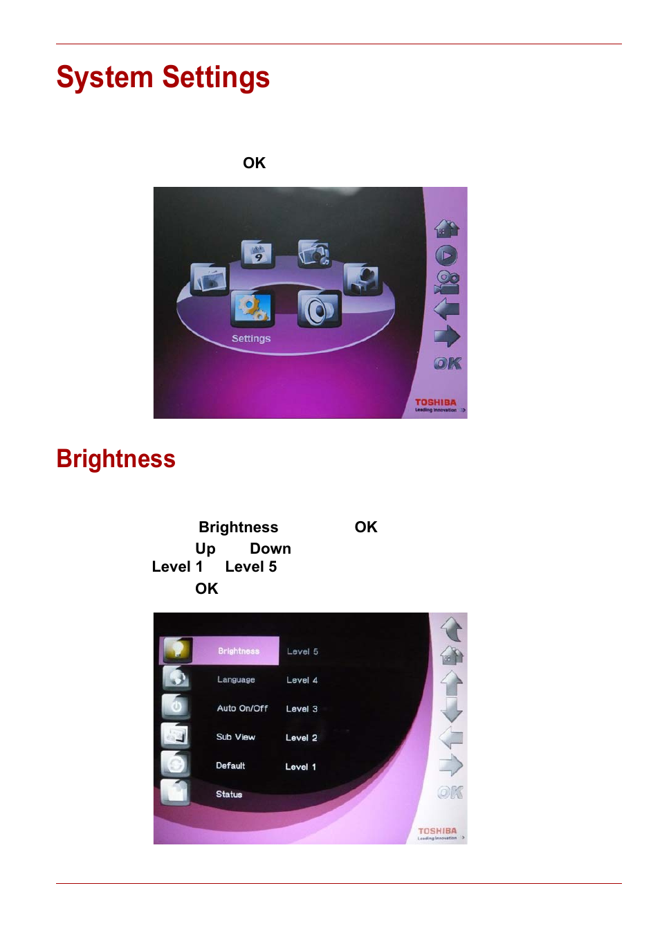 System settings, Brightness | Toshiba Gigaframe L80-81 User Manual | Page 37 / 870