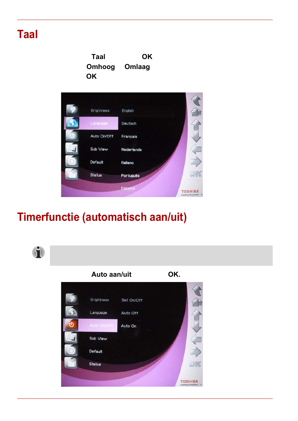 Taal, Timerfunctie (automatisch aan/uit) | Toshiba Gigaframe L80-81 User Manual | Page 376 / 870