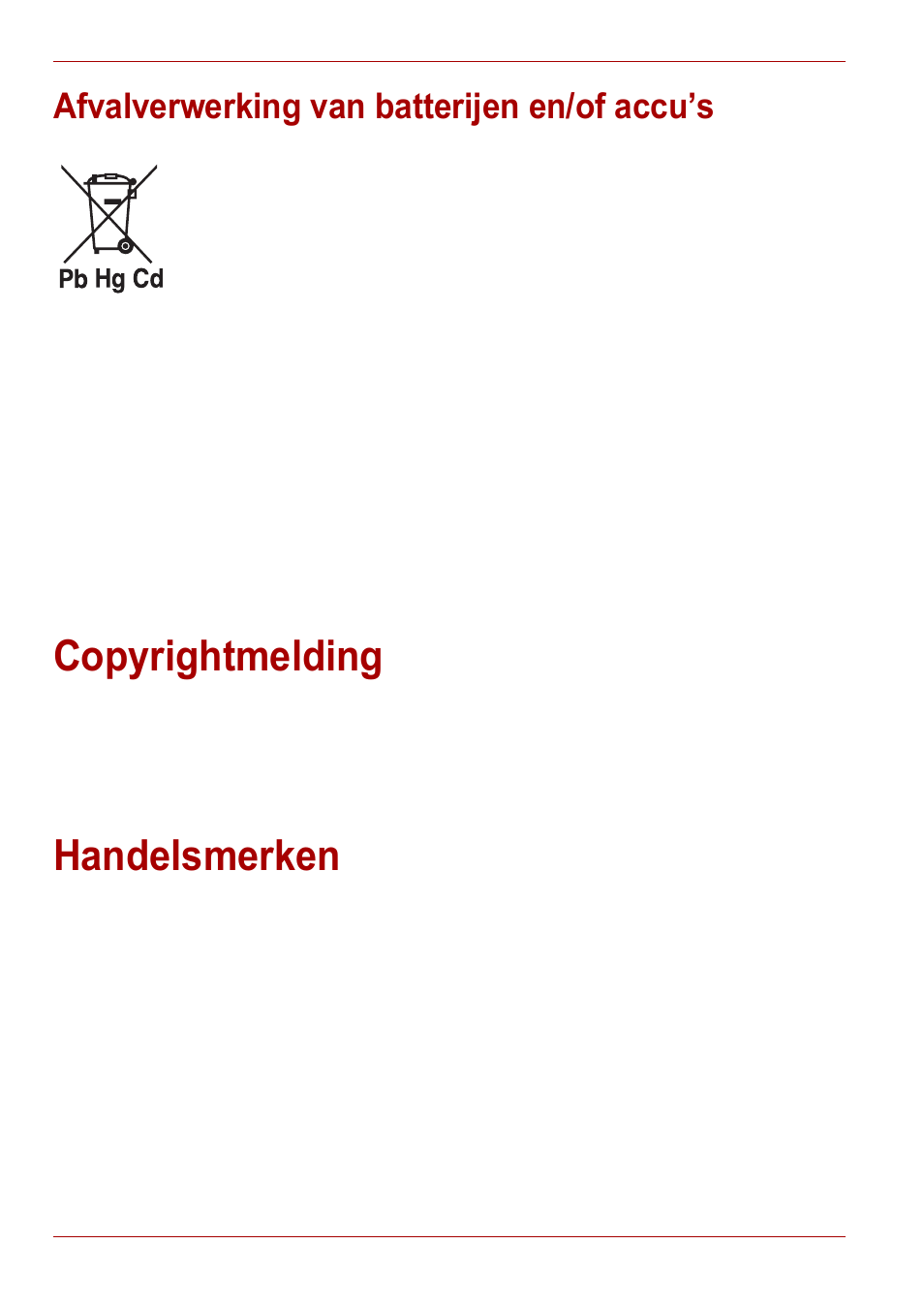 Afvalverwerking van batterijen en/of accu’s, Copyrightmelding, Handelsmerken | Copyrightmelding handelsmerken | Toshiba Gigaframe L80-81 User Manual | Page 386 / 870