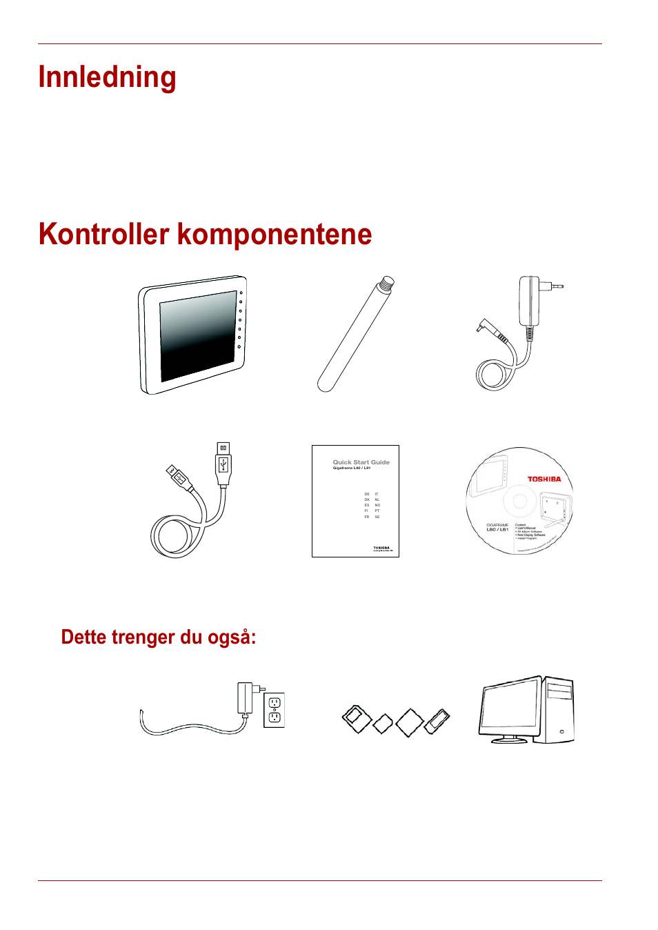 Innledning, Kontroller komponentene, Dette trenger du også | Innledning kontroller komponentene | Toshiba Gigaframe L80-81 User Manual | Page 390 / 870