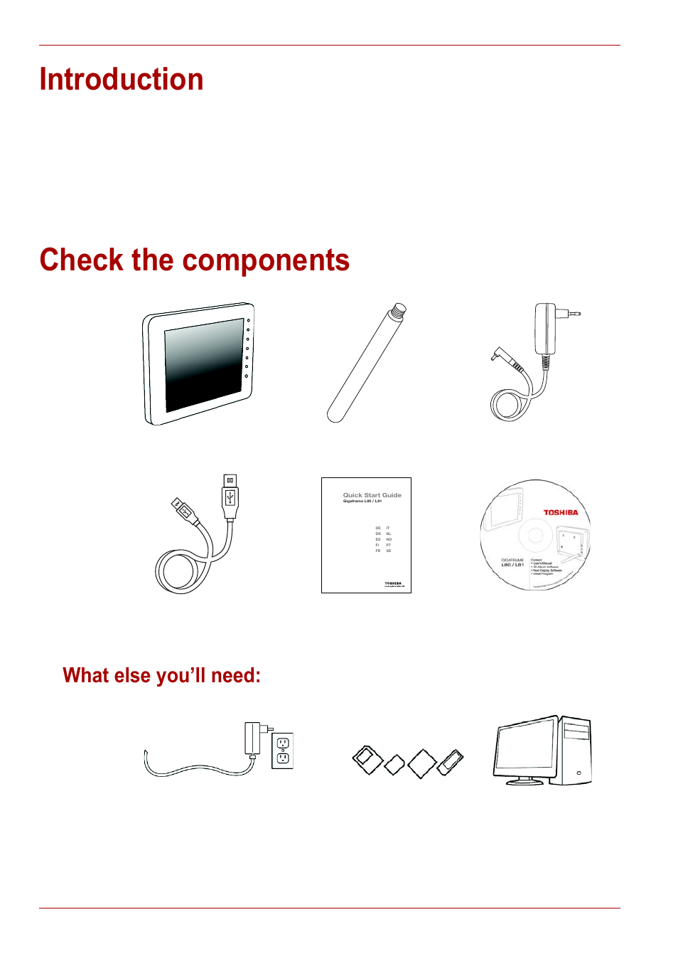 Introduction, Check the components, What else you’ll need | Introduction check the components | Toshiba Gigaframe L80-81 User Manual | Page 4 / 870