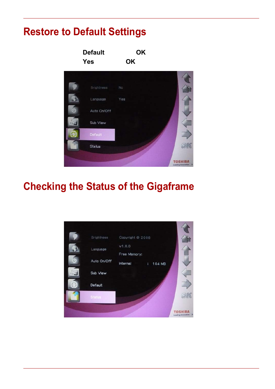 Restore to default settings, Checking the status of the gigaframe | Toshiba Gigaframe L80-81 User Manual | Page 41 / 870