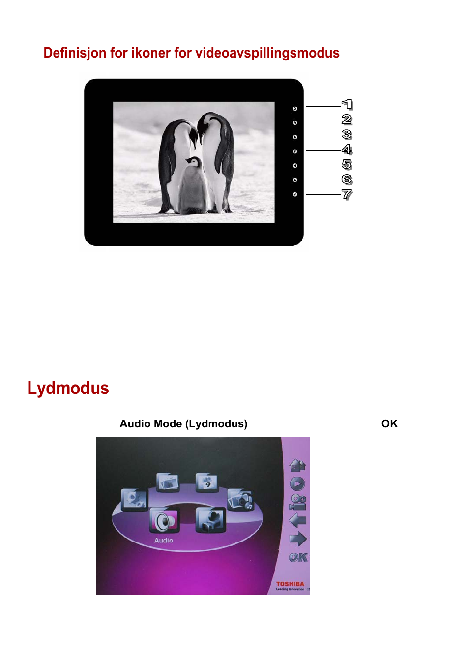 Definisjon for ikoner for videoavspillingsmodus, Lydmodus | Toshiba Gigaframe L80-81 User Manual | Page 410 / 870