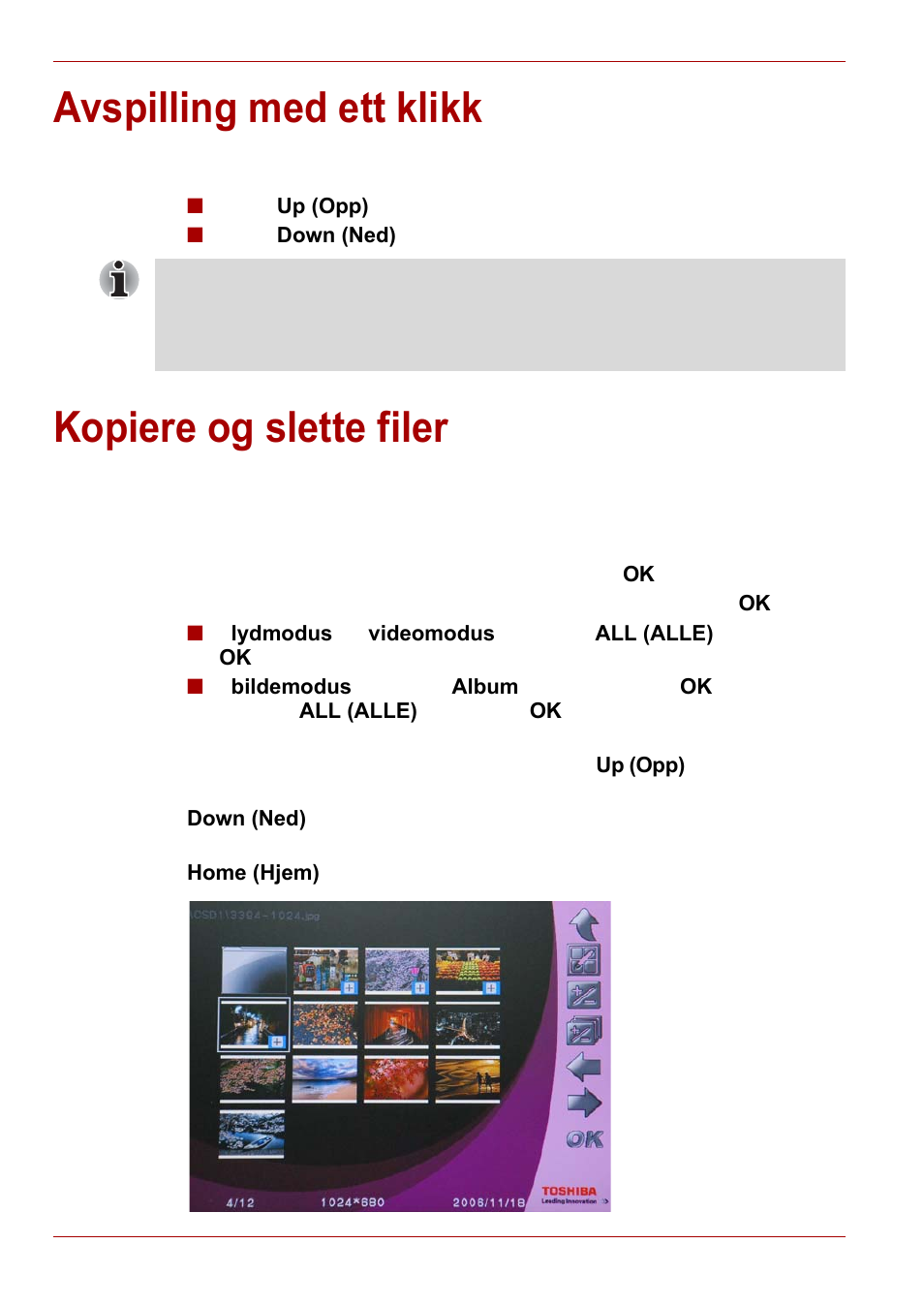 Avspilling med ett klikk, Kopiere og slette filer, Avspilling med ett klikk kopiere og slette filer | Toshiba Gigaframe L80-81 User Manual | Page 412 / 870