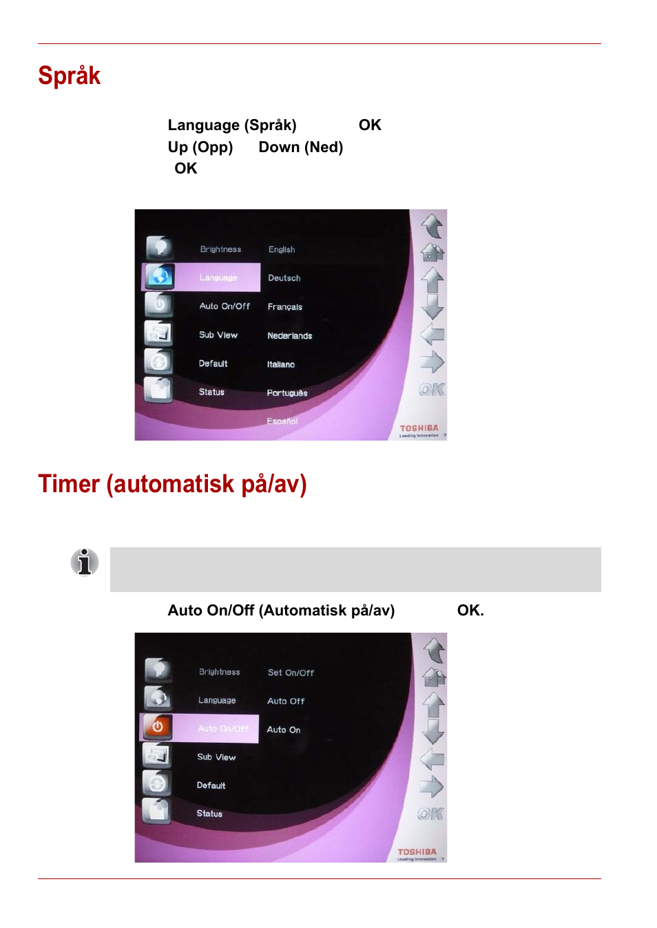 Språk, Timer (automatisk på/av) | Toshiba Gigaframe L80-81 User Manual | Page 424 / 870