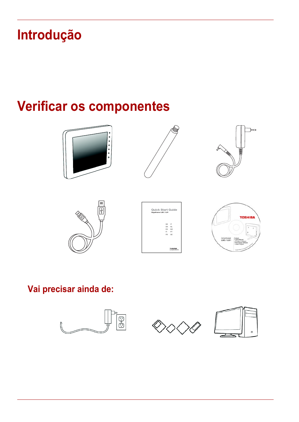 Introdução, Verificar os componentes, Vai precisar ainda de | Introdução verificar os componentes | Toshiba Gigaframe L80-81 User Manual | Page 438 / 870