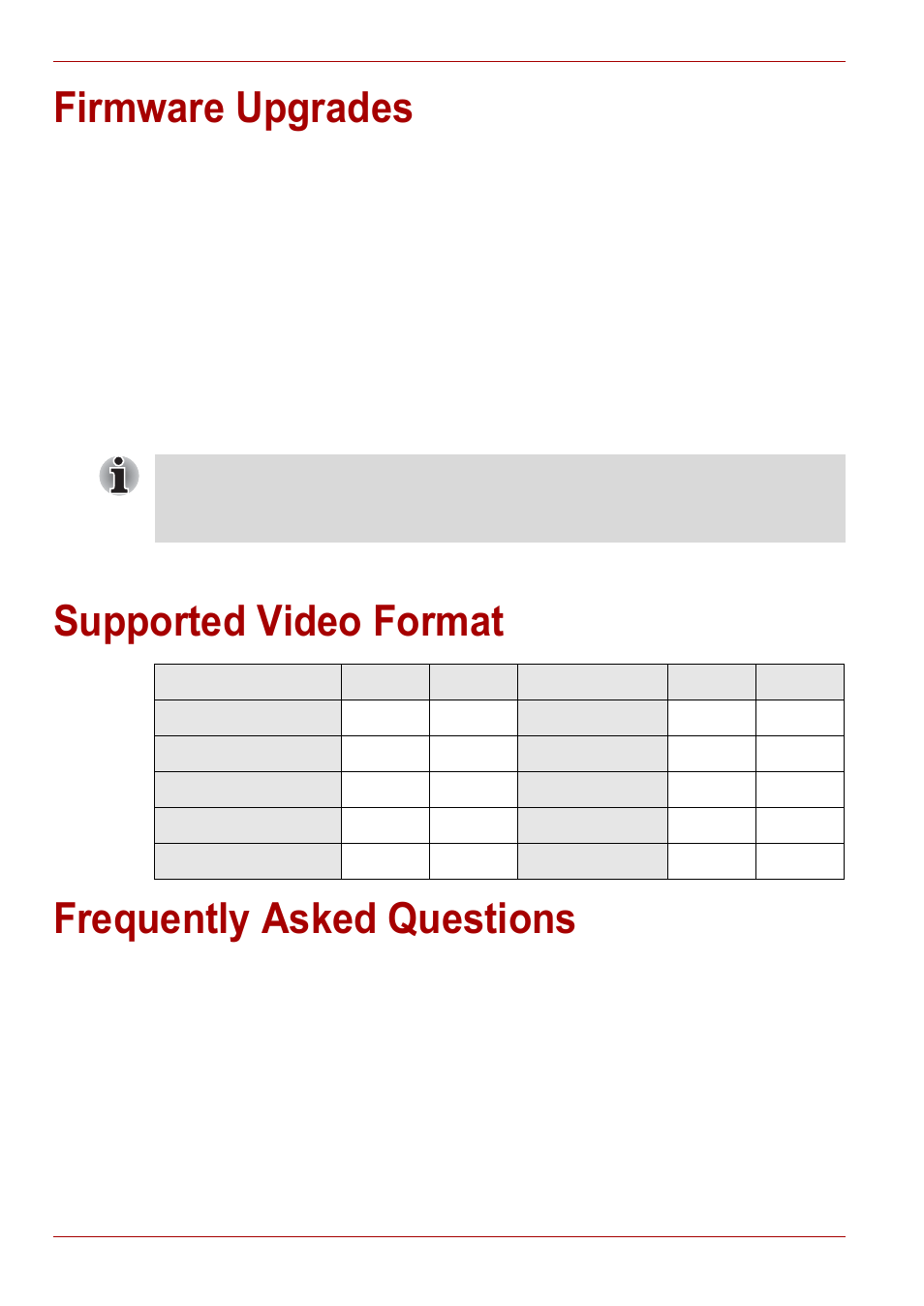 Firmware upgrades, Supported video format, Frequently asked questions | Supported video format frequently asked questions | Toshiba Gigaframe L80-81 User Manual | Page 44 / 870