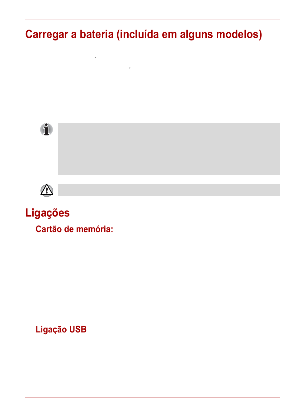 Carregar a bateria (incluída em alguns modelos), Ligações, Cartão de memória | Ligação usb, Cartão de memória: ligação usb | Toshiba Gigaframe L80-81 User Manual | Page 443 / 870