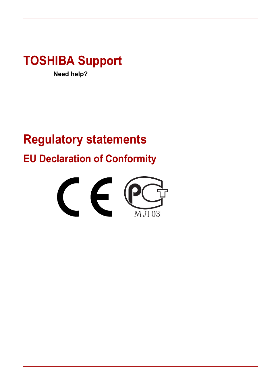 Toshiba support, Regulatory statements, Eu declaration of conformity | Toshiba support regulatory statements | Toshiba Gigaframe L80-81 User Manual | Page 45 / 870