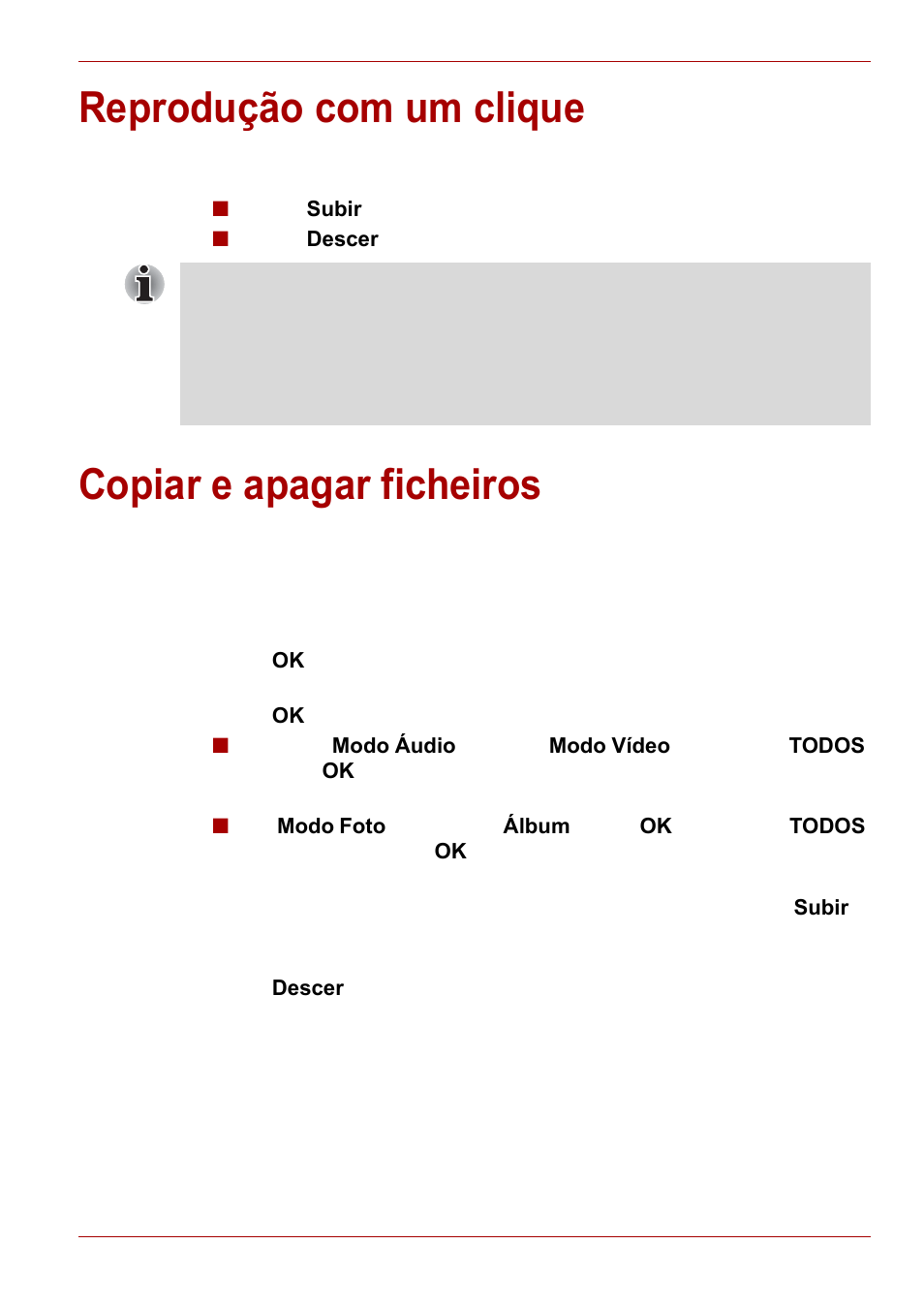 Reprodução com um clique, Copiar e apagar ficheiros, Reprodução com um clique copiar e apagar ficheiros | Toshiba Gigaframe L80-81 User Manual | Page 459 / 870