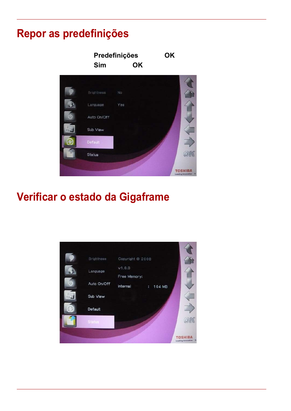 Repor as predefinições, Verificar o estado da gigaframe | Toshiba Gigaframe L80-81 User Manual | Page 474 / 870