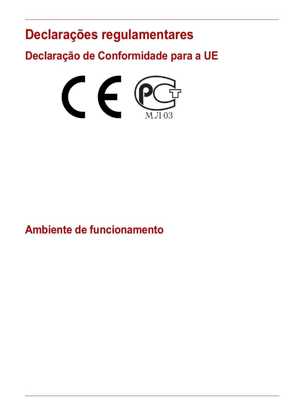 Declarações regulamentares, Declaração de conformidade para a ue, Ambiente de funcionamento | Toshiba Gigaframe L80-81 User Manual | Page 479 / 870