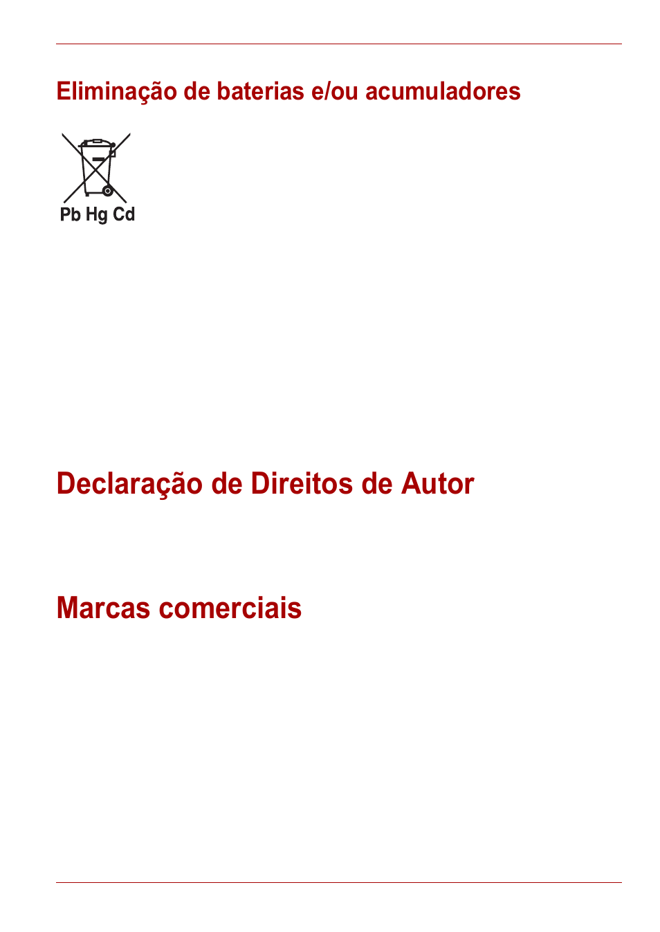 Eliminação de baterias e/ou acumuladores, Declaração de direitos de autor, Marcas comerciais | Declaração de direitos de autor marcas comerciais | Toshiba Gigaframe L80-81 User Manual | Page 481 / 870