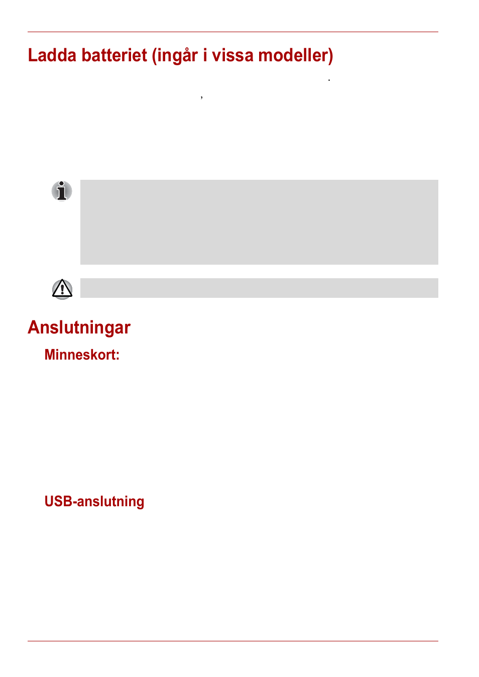 Ladda batteriet (ingår i vissa modeller), Anslutningar, Minneskort | Usb-anslutning, Minneskort: usb-anslutning | Toshiba Gigaframe L80-81 User Manual | Page 490 / 870