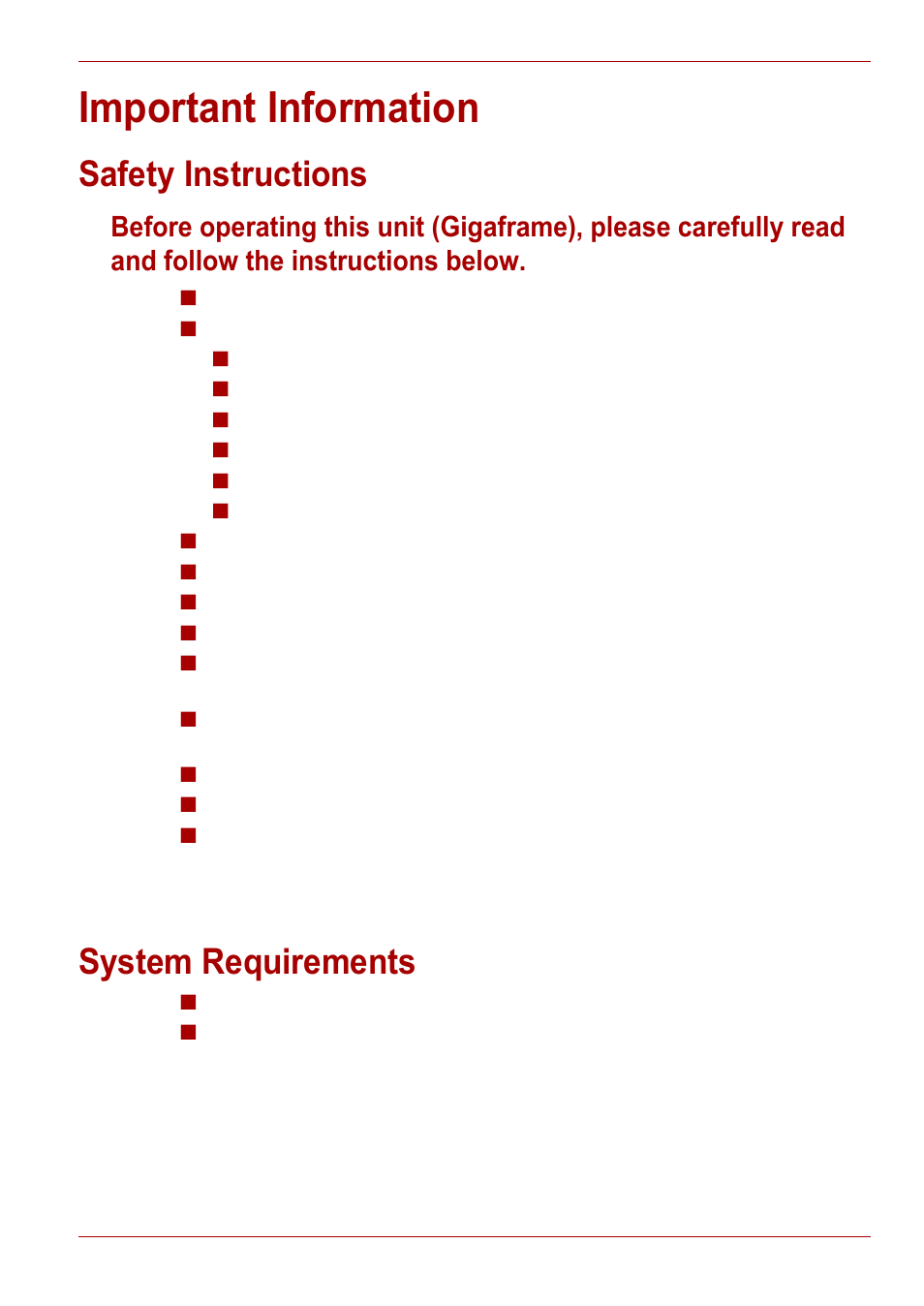 Important information, Safety instructions, System requirements | Toshiba Gigaframe L80-81 User Manual | Page 5 / 870